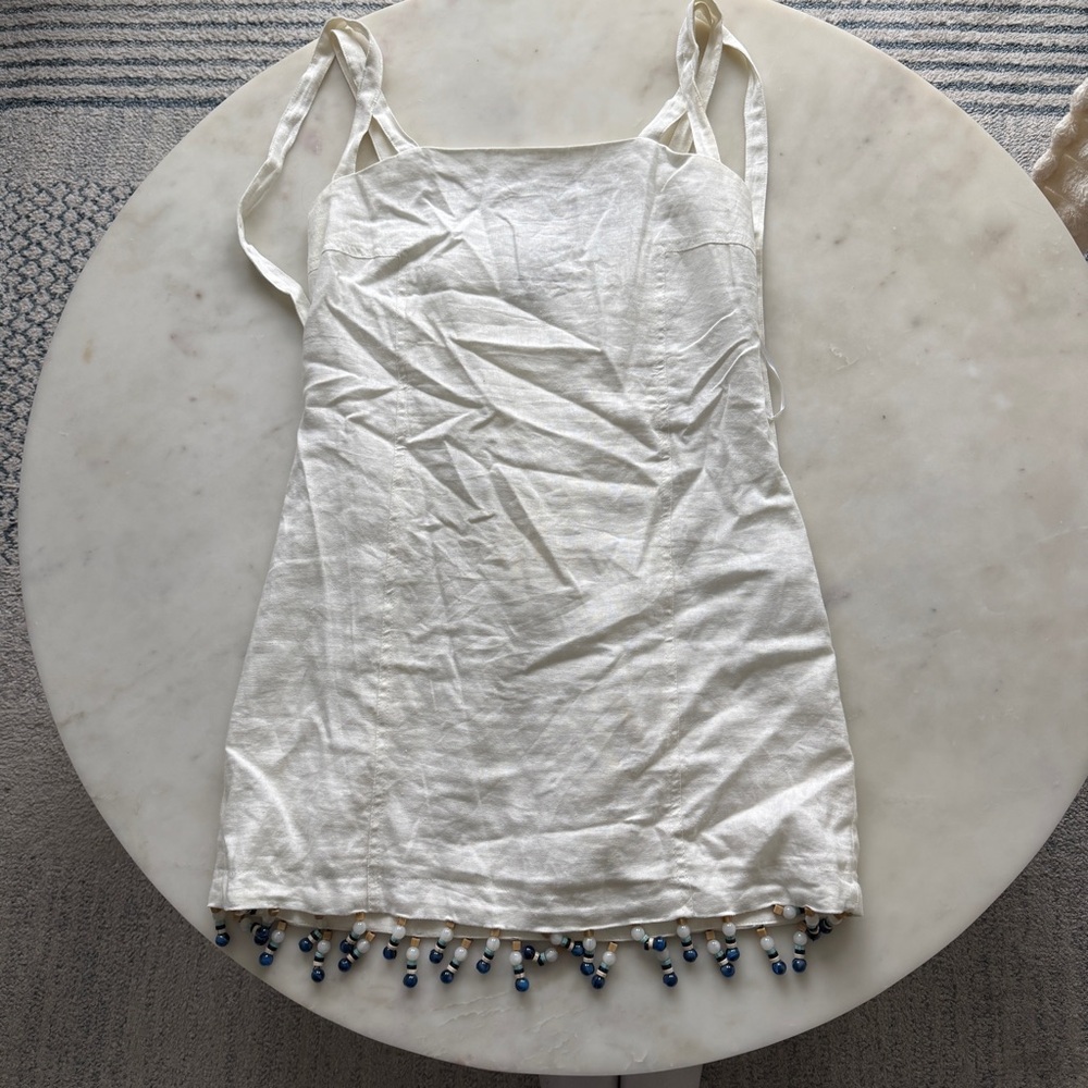 House of Harlow 1960 Ivory Tie-Shoulder Beaded Hem Mini Dress